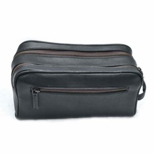 Black Leather Toiletry Bag Double Zipper